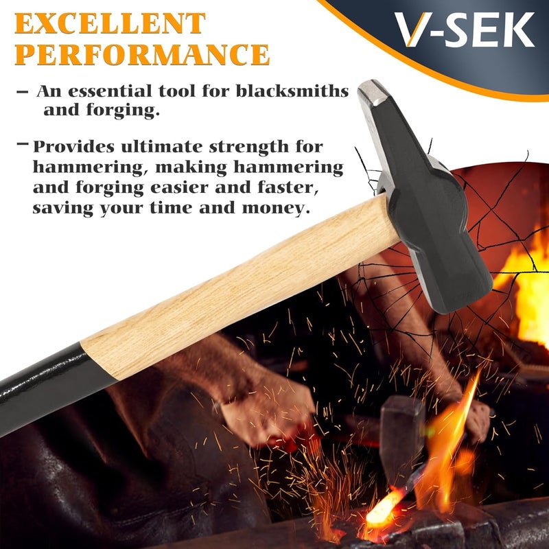V-SEK Blacksmith Hammer 0000811-1000 Bladesmith Blacksmithing Forging Hammer Knife Making Metal Working Forge Tool Round Square Face Cross Peen with Steel Head Wooden Handle (2.2 lb / 1000 g) - Image 3